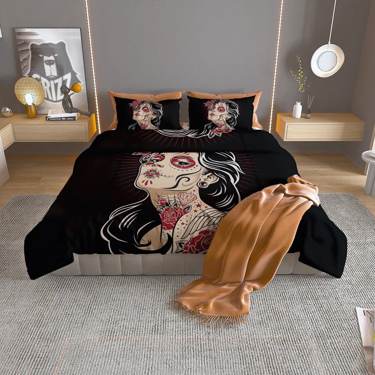 Day of The Dead Calavera Girl Print Duvet Cover Bedding Set
