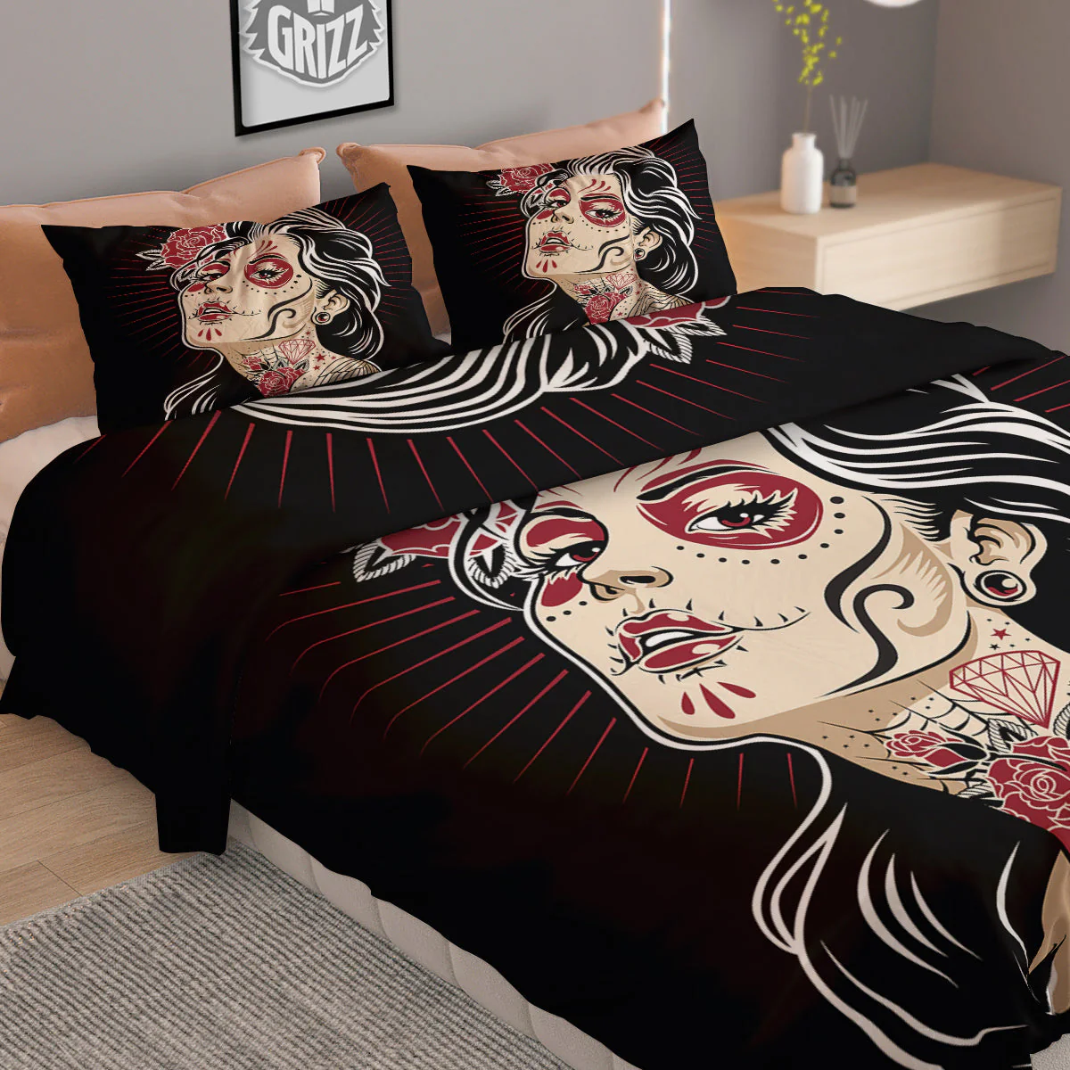 Day of The Dead Calavera Girl Print Duvet Cover Bedding Set - Image 2