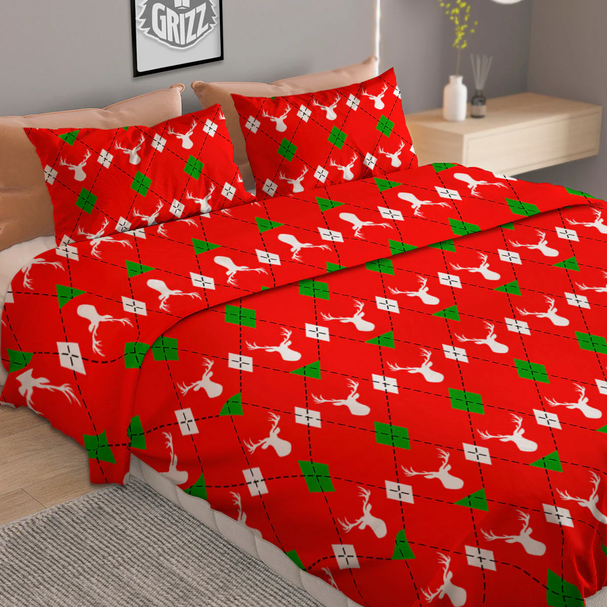 Deer Argyle Christmas Print Pattern Duvet Cover Bedding Set - Image 2