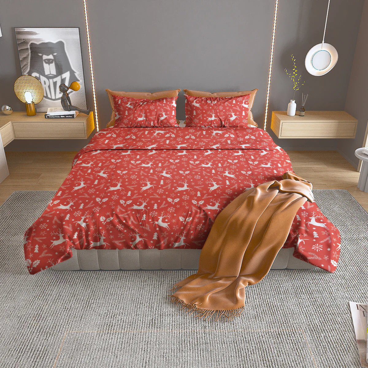 Deer Christmas Print Pattern Duvet Cover Bedding Set