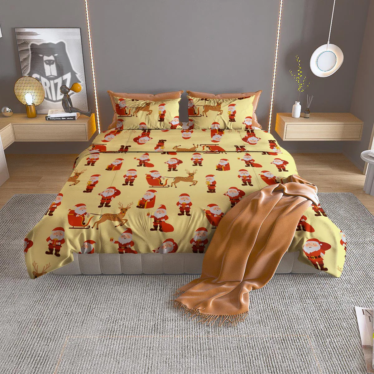Deer Santa Claus Print Pattern Duvet Cover Bedding Set