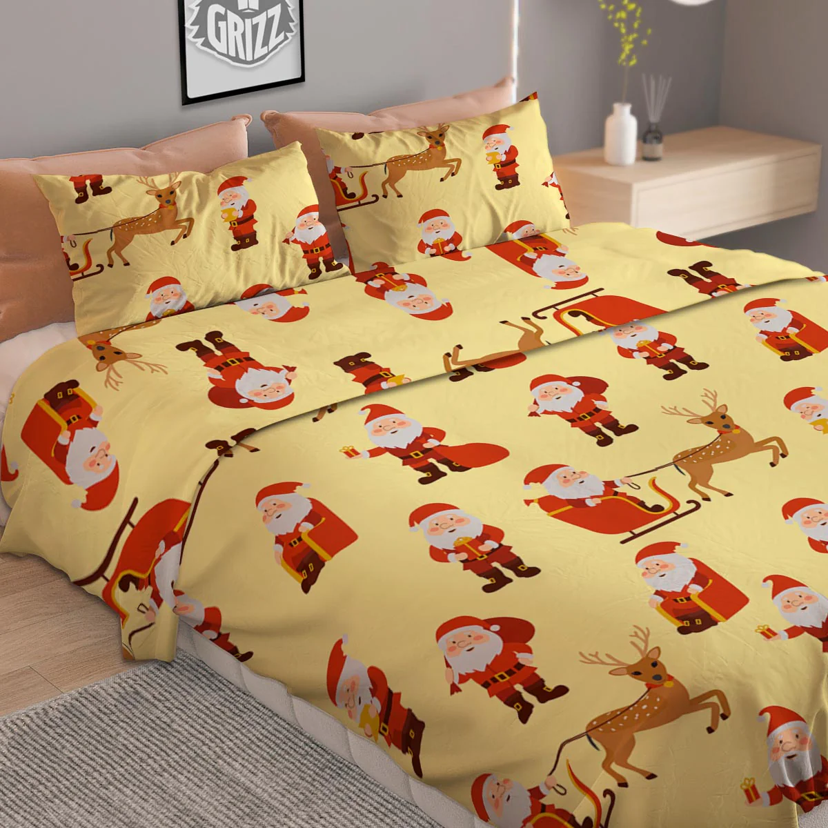 Deer Santa Claus Print Pattern Duvet Cover Bedding Set - Image 2