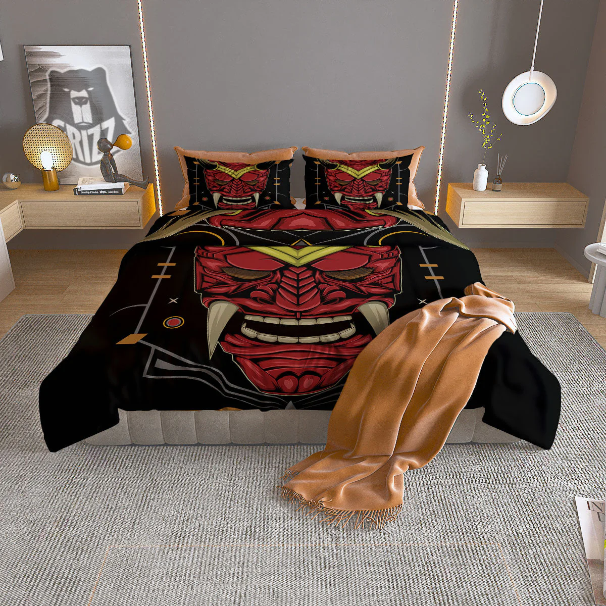 Demon Mask Red Japanese Print Duvet Cover Bedding Set