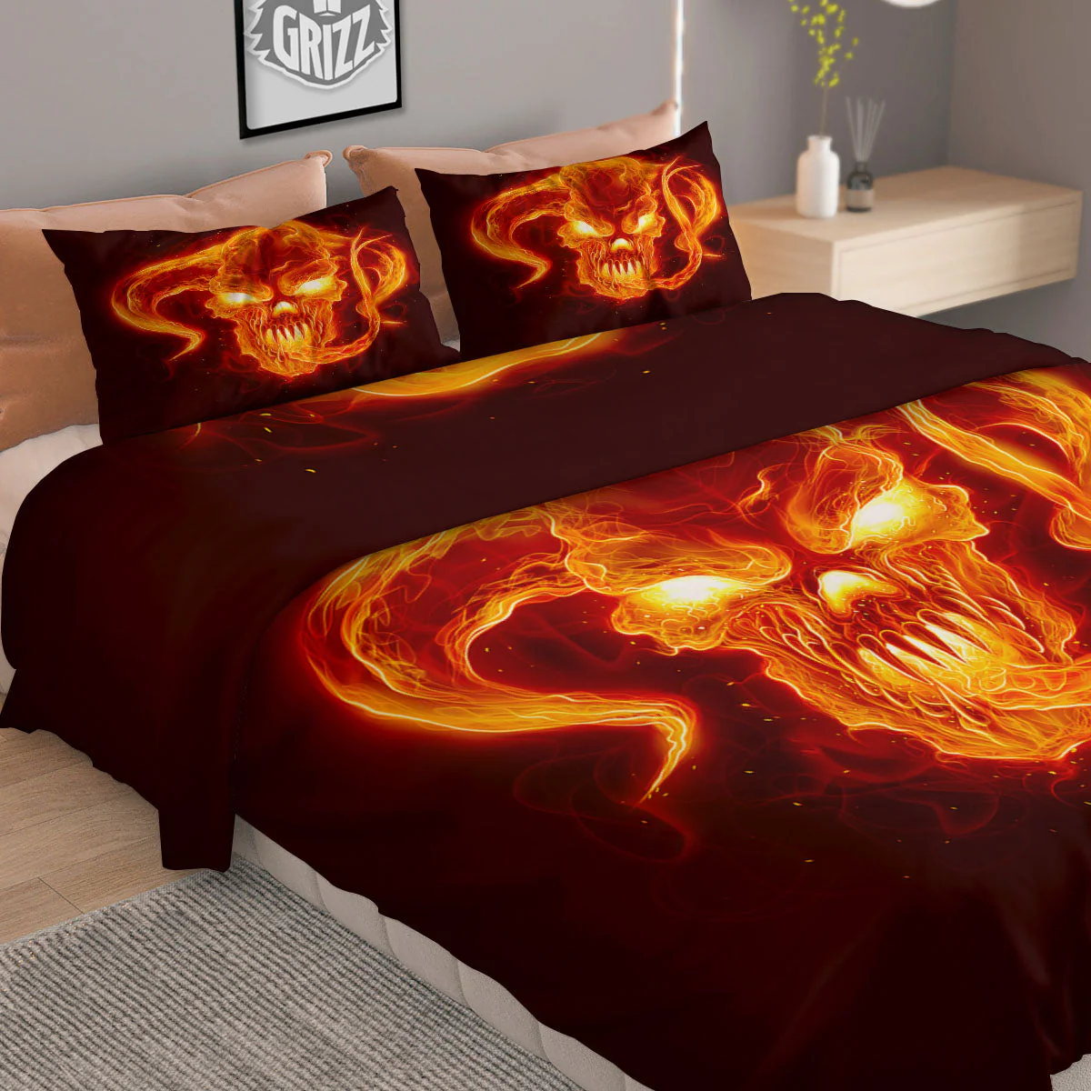 Demon Skull Flaming Print Duvet Cover Bedding Set - Image 2