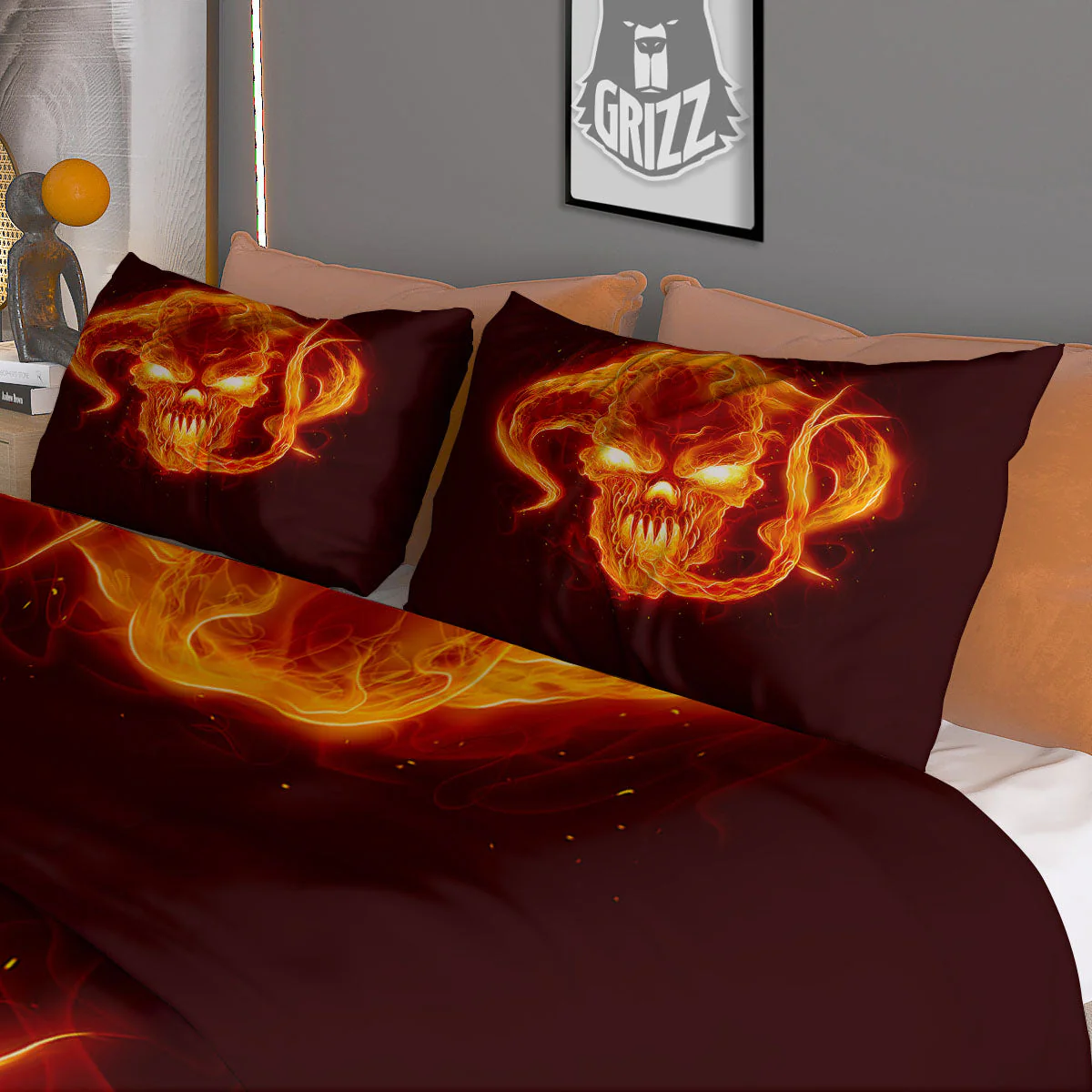 Demon Skull Flaming Print Duvet Cover Bedding Set - Image 3
