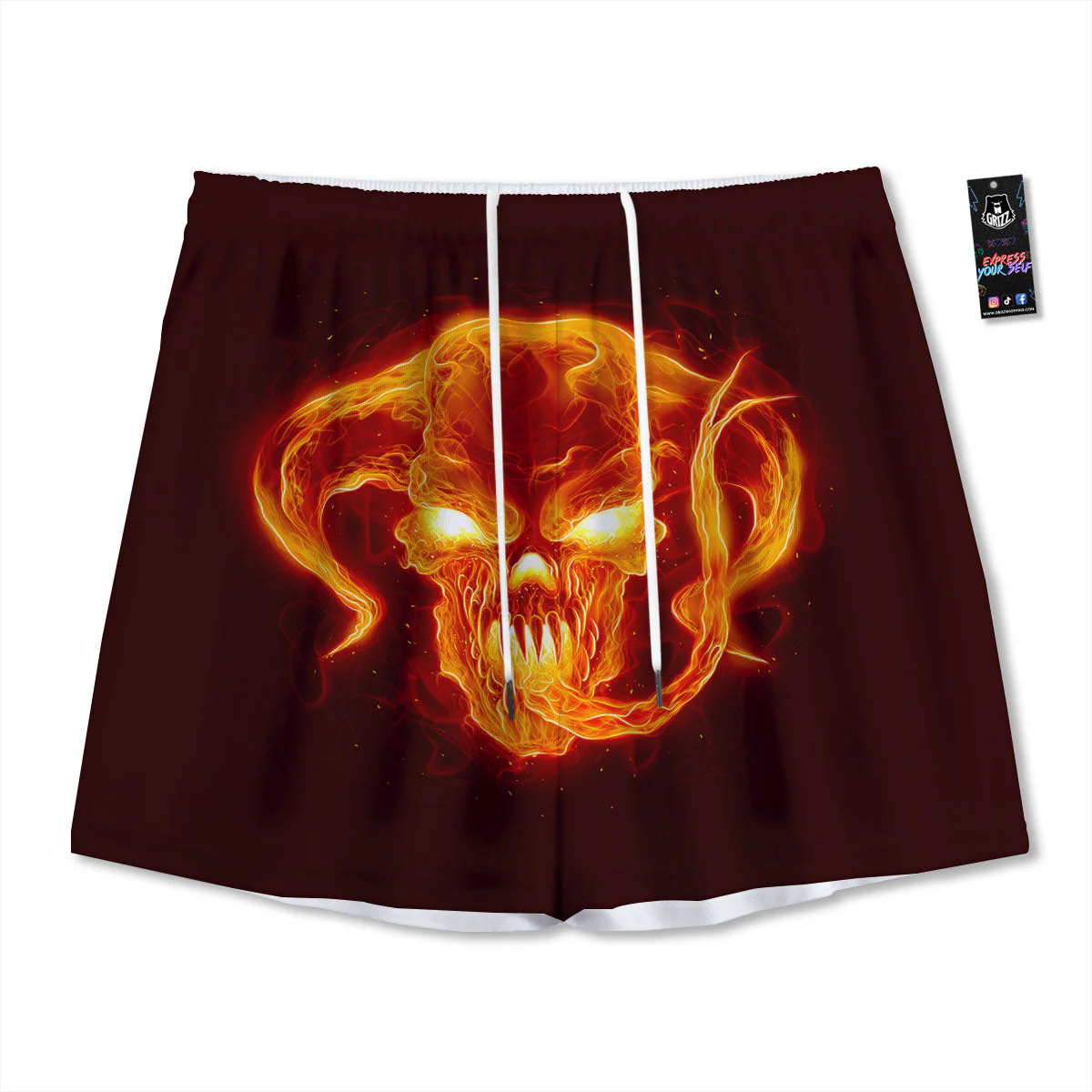 Demon Skull Flaming Print Mesh Shorts