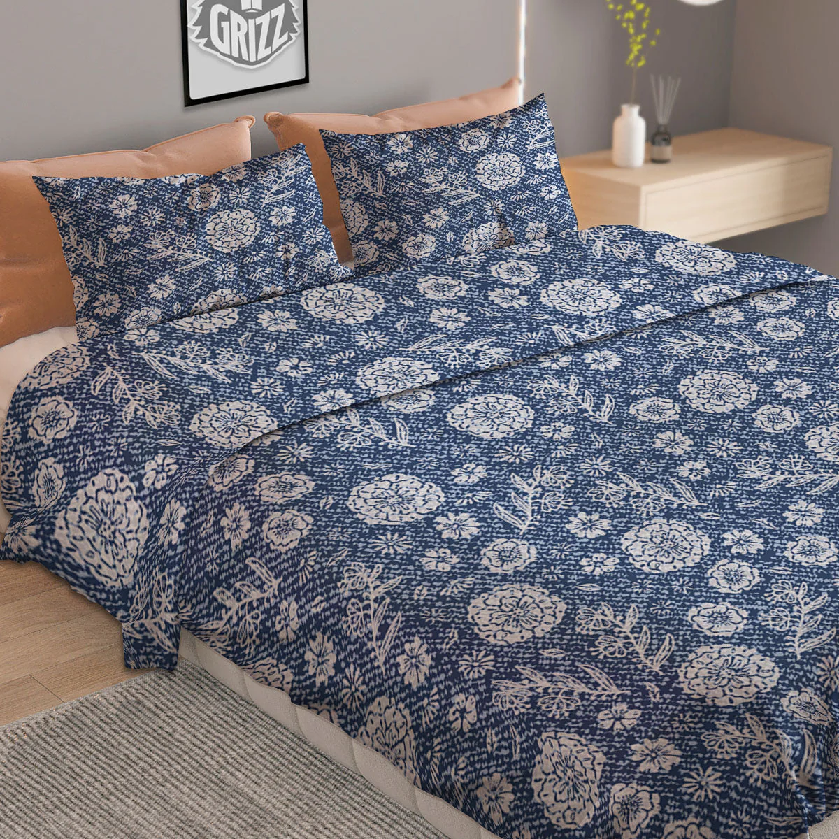 Denim Jeans Flower Print Pattern Duvet Cover Bedding Set - Image 2