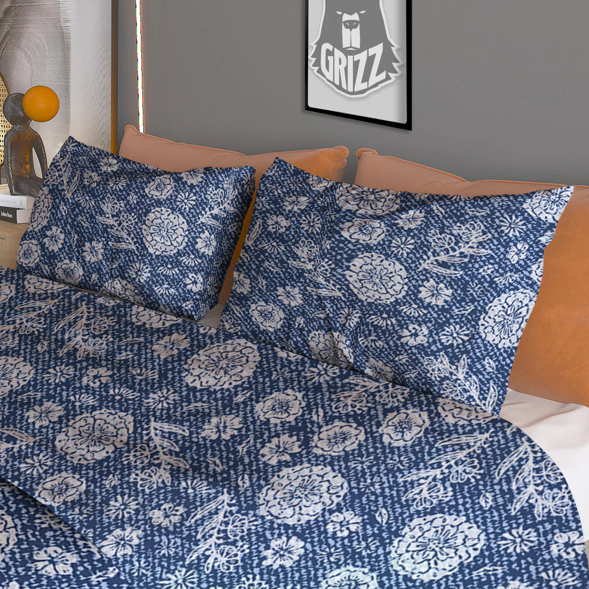 Denim Jeans Flower Print Pattern Duvet Cover Bedding Set - Image 3