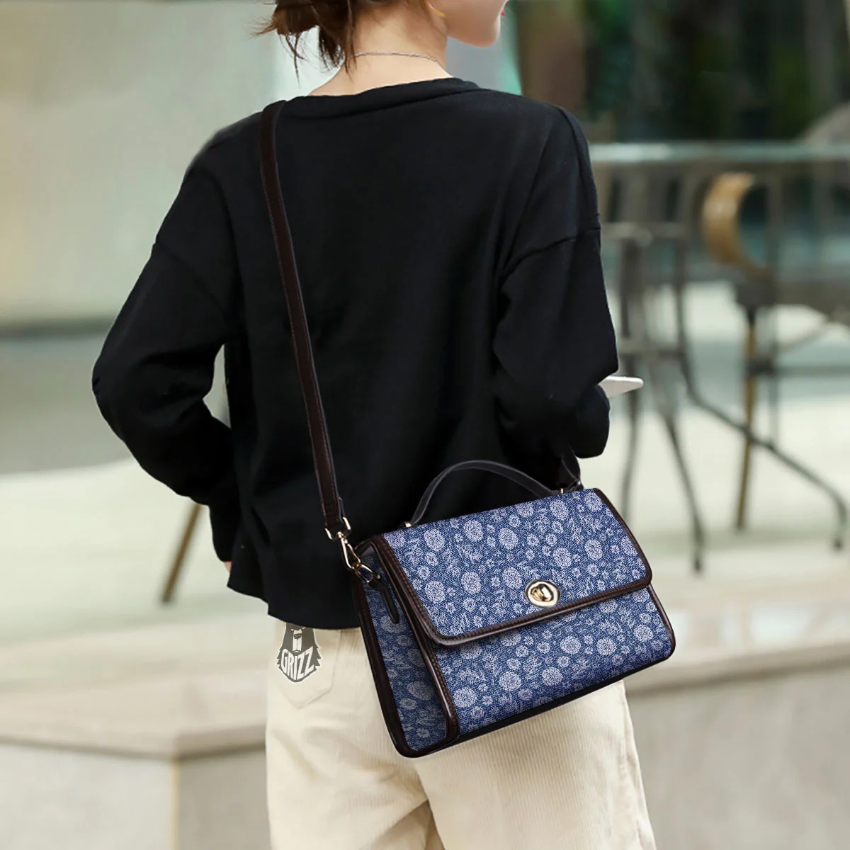 Denim Jeans Flower Print Pattern Women's Satchel Bag - Image 3