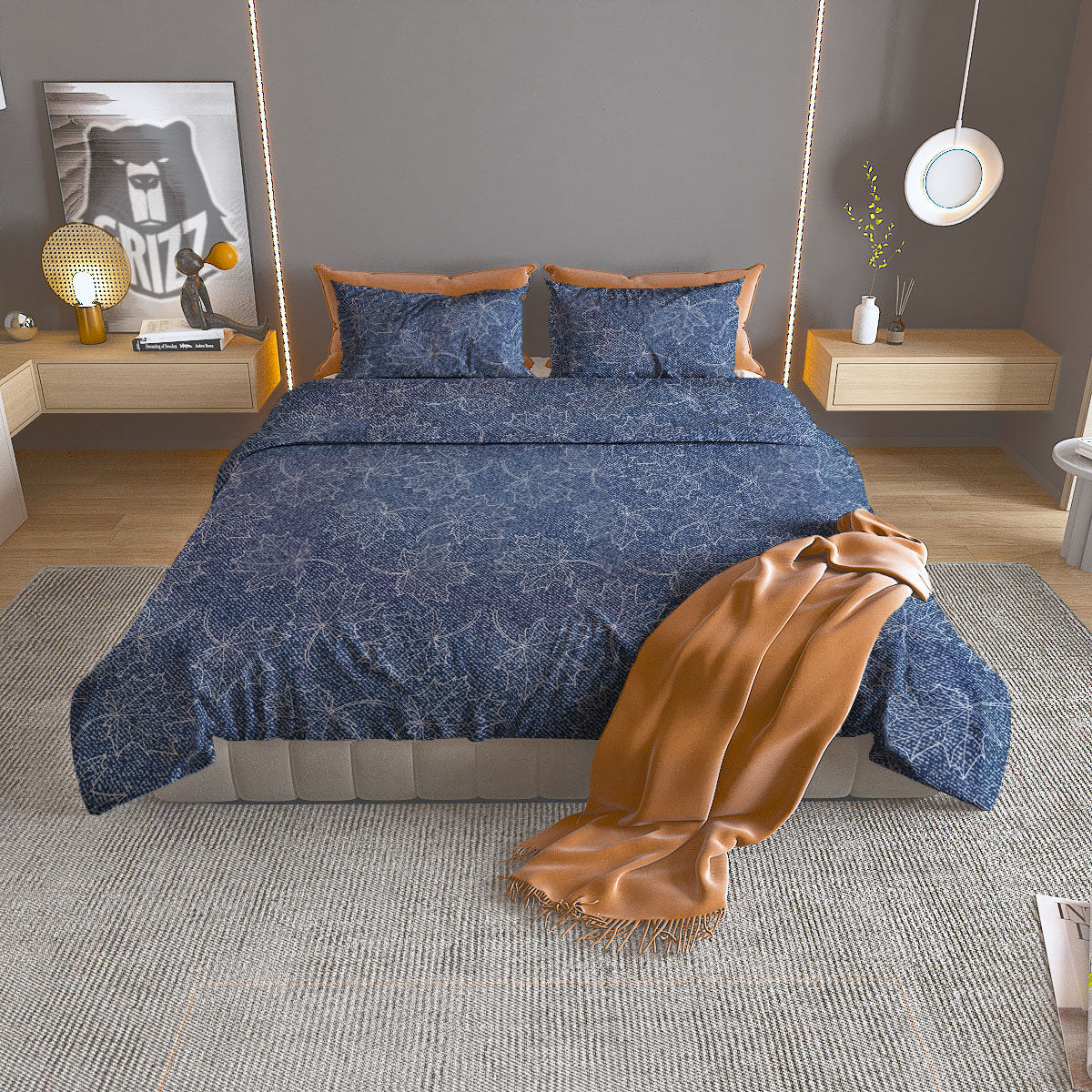Denim Jeans Maple Leaf Print Pattern Duvet Cover Bedding Set