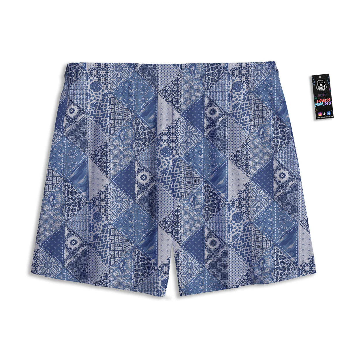Denim Jeans Patchwork Print Pattern Mesh Shorts - Image 2