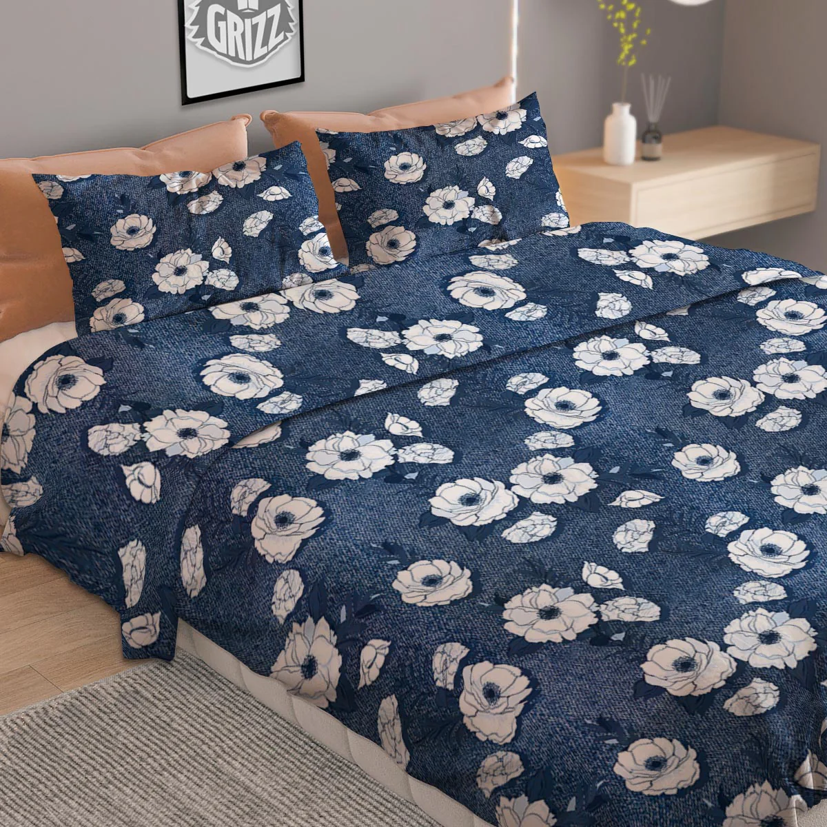Denim Jeans Rose Print Pattern Duvet Cover Bedding Set - Image 2