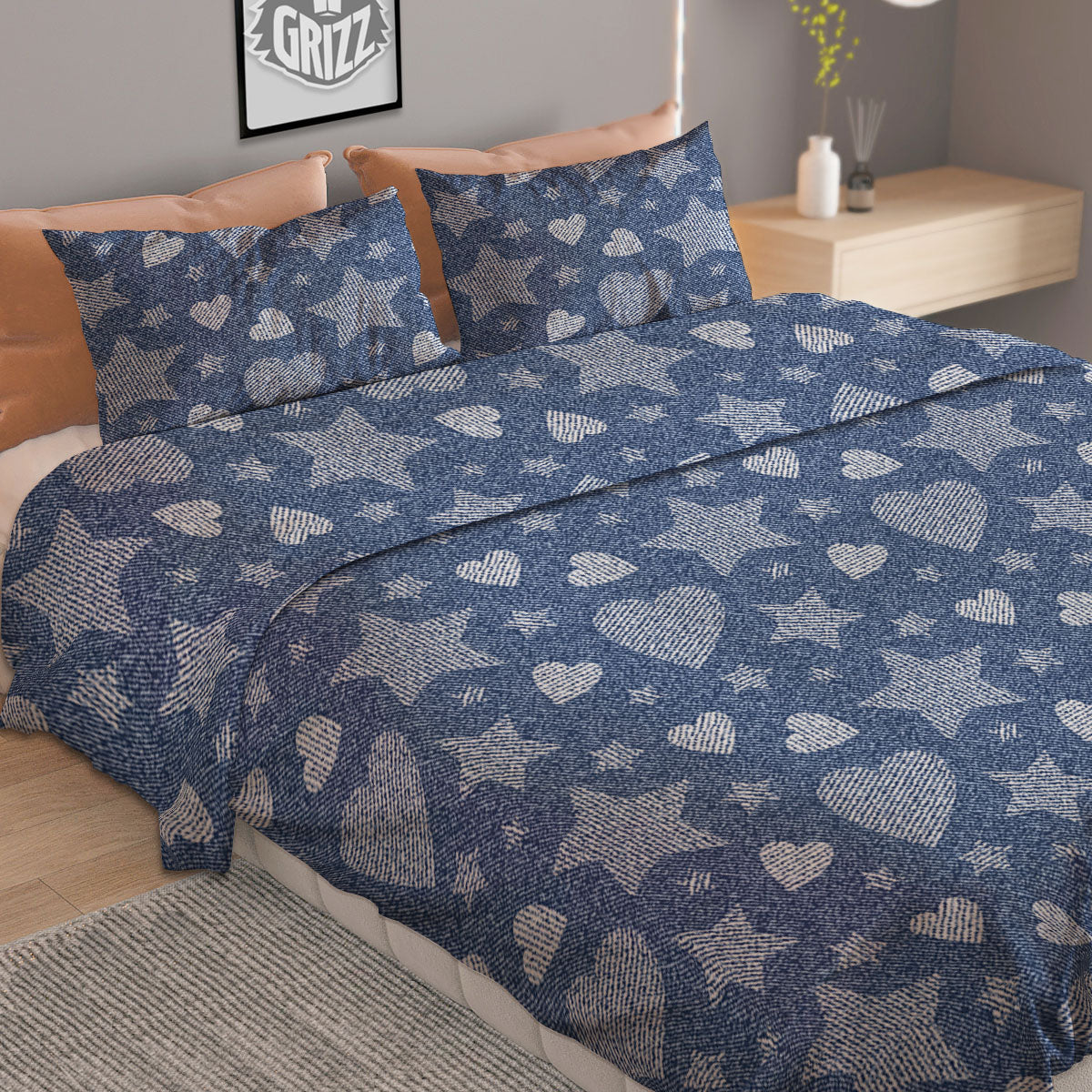 Denim Star Jeans And Heart Print Pattern Duvet Cover Bedding Set - Image 2