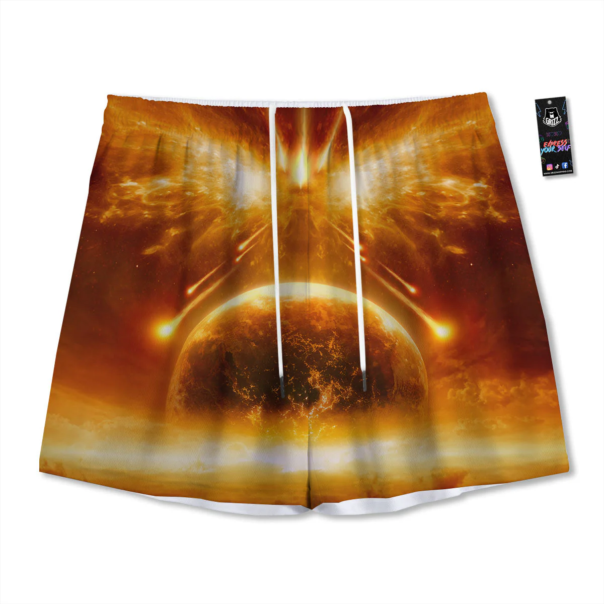 Destruction Of Planet Earth Print Mesh Shorts
