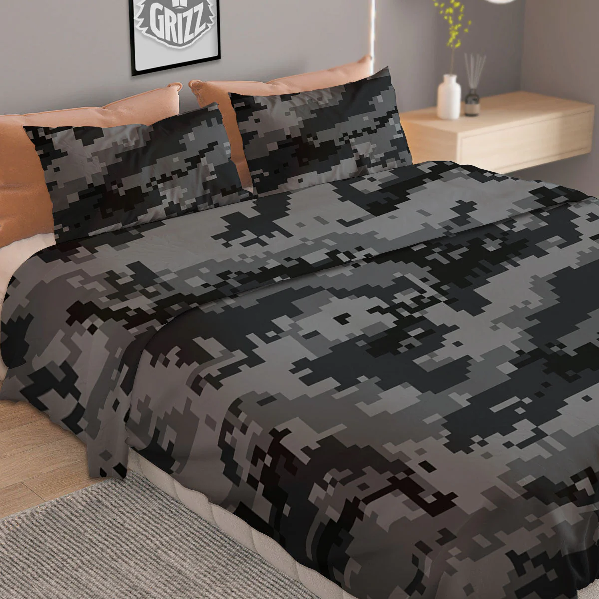 Digital Camo Grey And Black Print Duvet Cover Bedding Set - Image 2