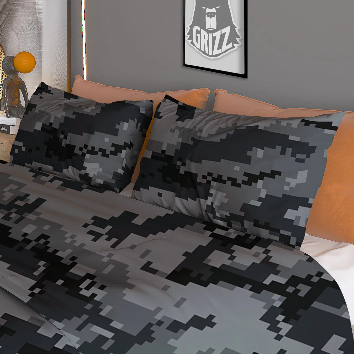 Digital Camo Grey And Black Print Duvet Cover Bedding Set - Image 3