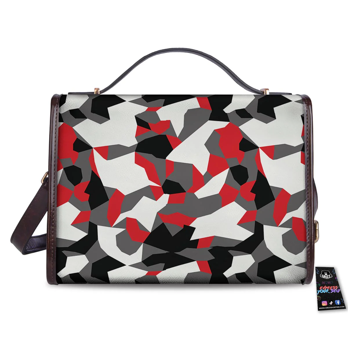 Digital Camo Grey And Red Print Pattern Women's Satchel Bag - Image 2