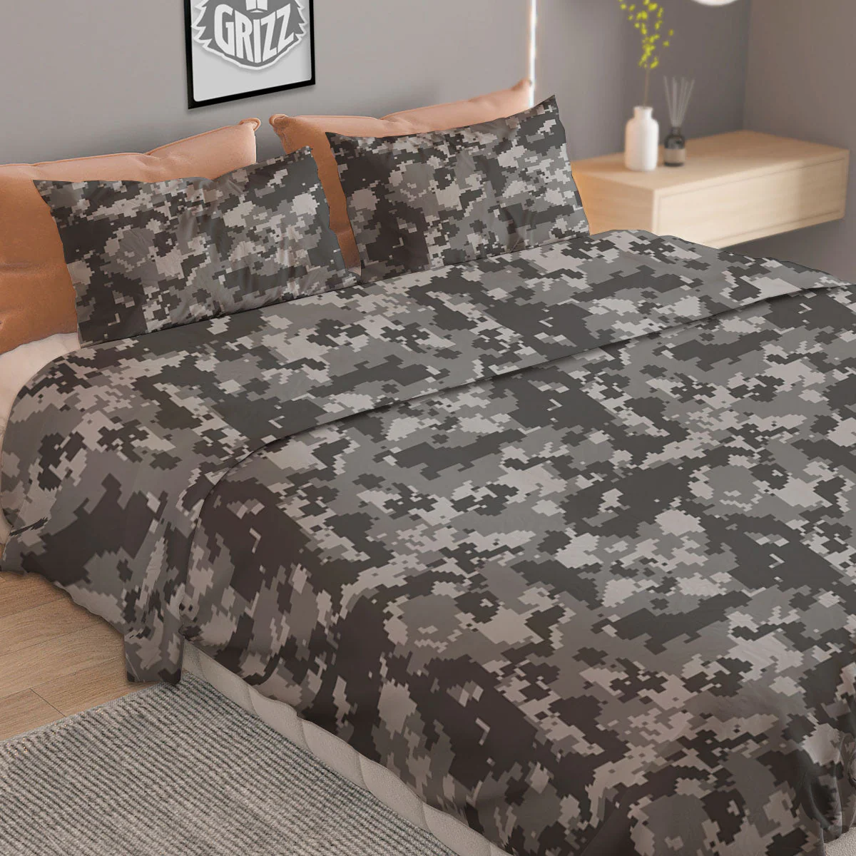 Digital Camo Grey Print Pattern Duvet Cover Bedding Set - Image 2