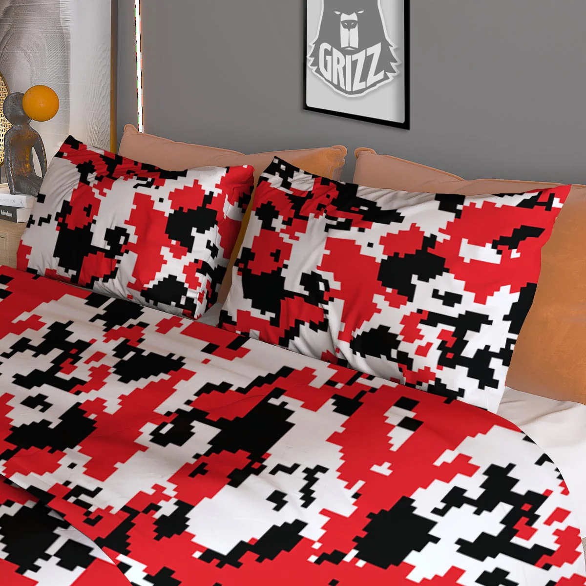Digital Camo Red White And Black Print Pattern Duvet Cover Bedding Set - Image 3