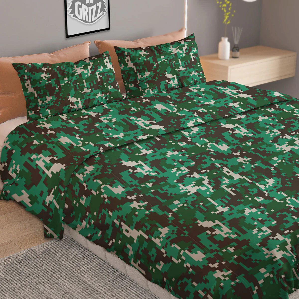 Digital Camo White And Green Print Duvet Cover Bedding Set - Image 2