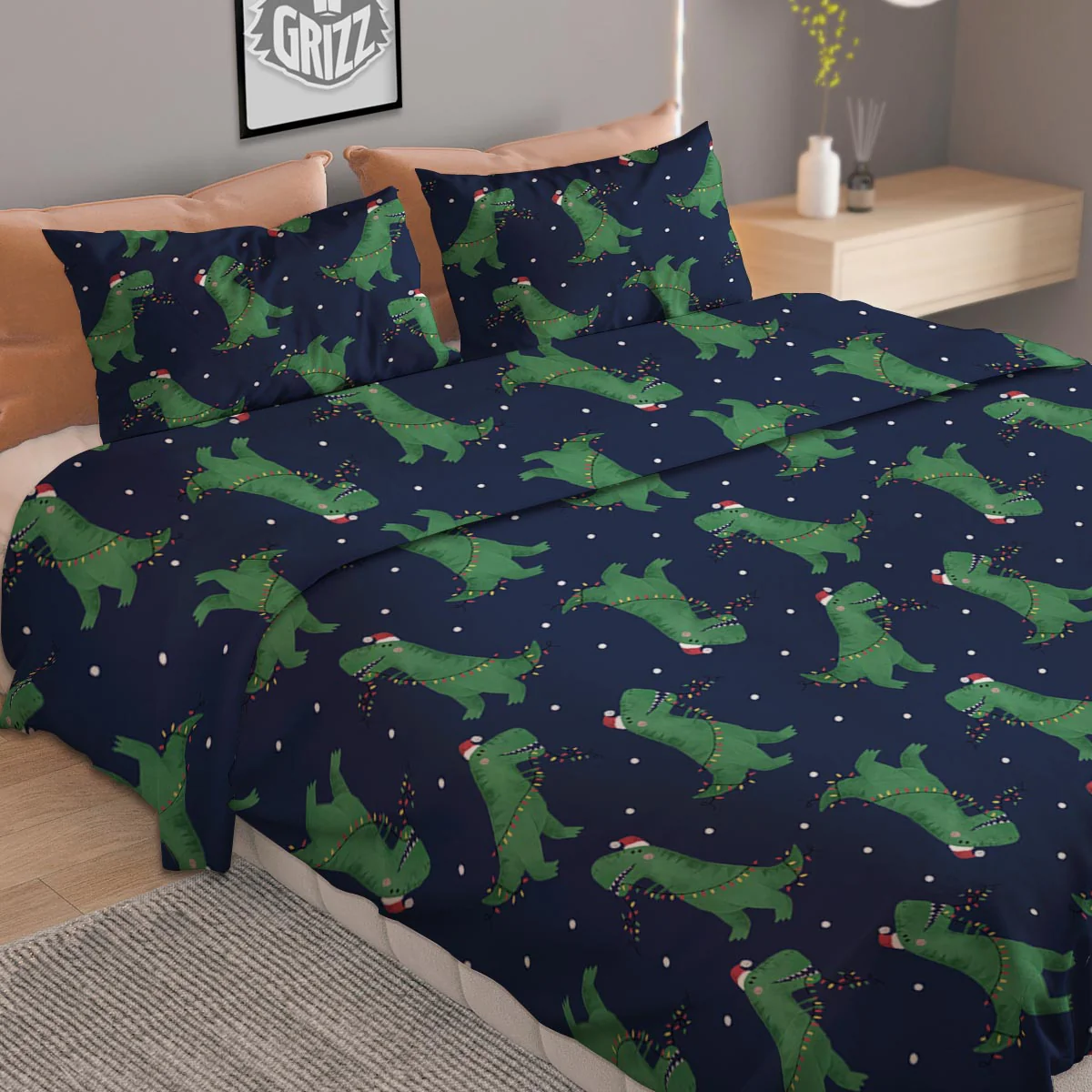 Dino T-Rex Christmas Santa Claus Print Pattern Duvet Cover Bedding Set - Image 2