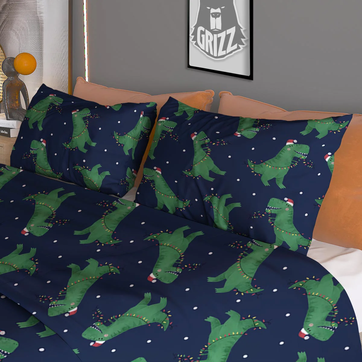 Dino T-Rex Christmas Santa Claus Print Pattern Duvet Cover Bedding Set - Image 3