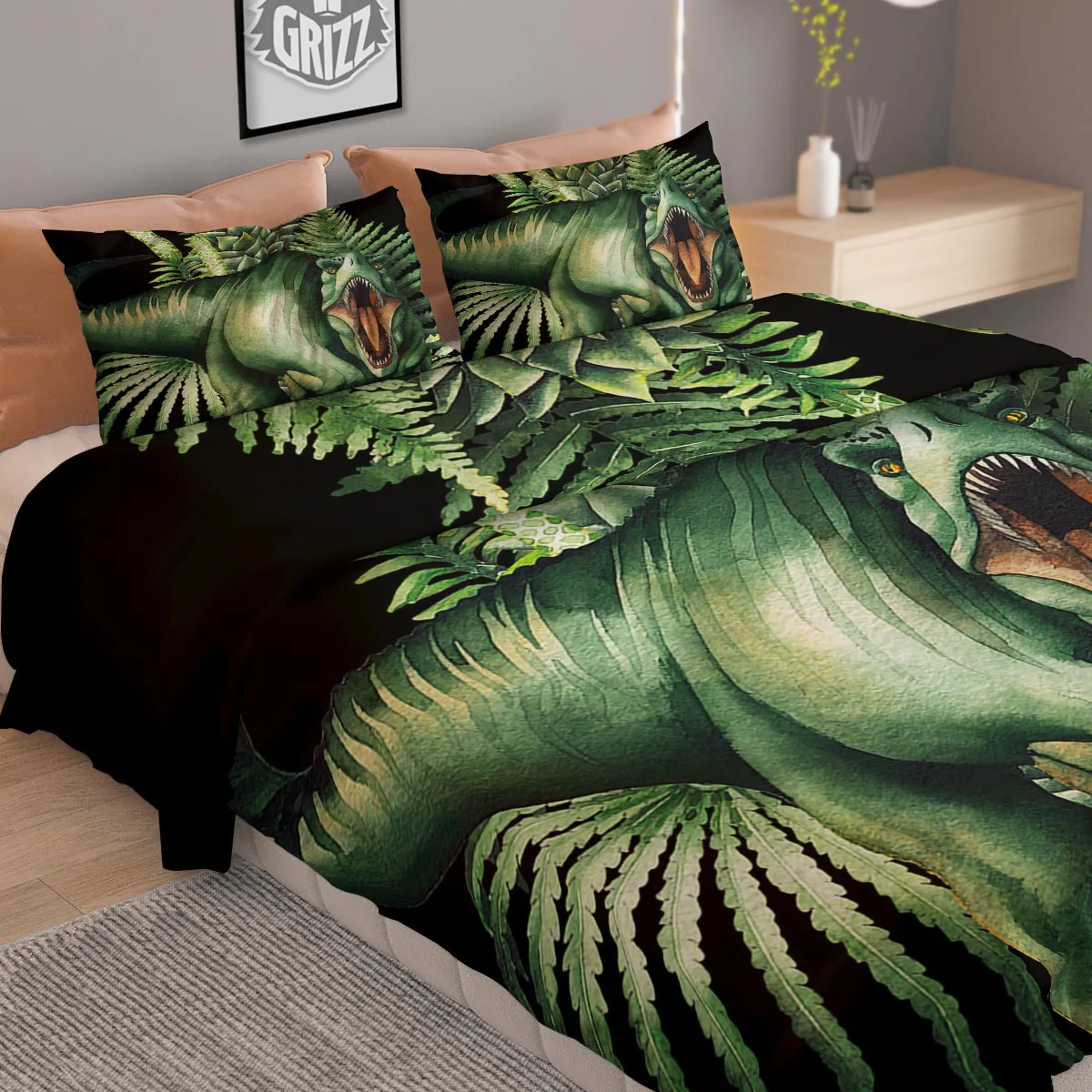Dinosaur T Rex And Jurassic Plants Print Duvet Cover Bedding Set - Image 2
