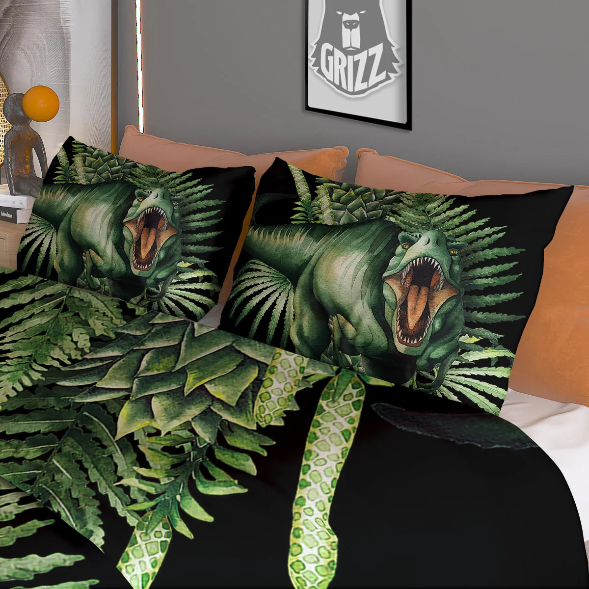 Dinosaur T Rex And Jurassic Plants Print Duvet Cover Bedding Set - Image 3