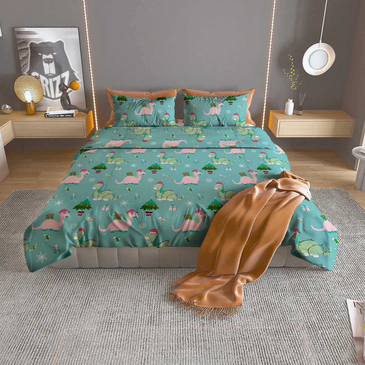 Dinosaur Xmas Print Pattern Duvet Cover Bedding Set