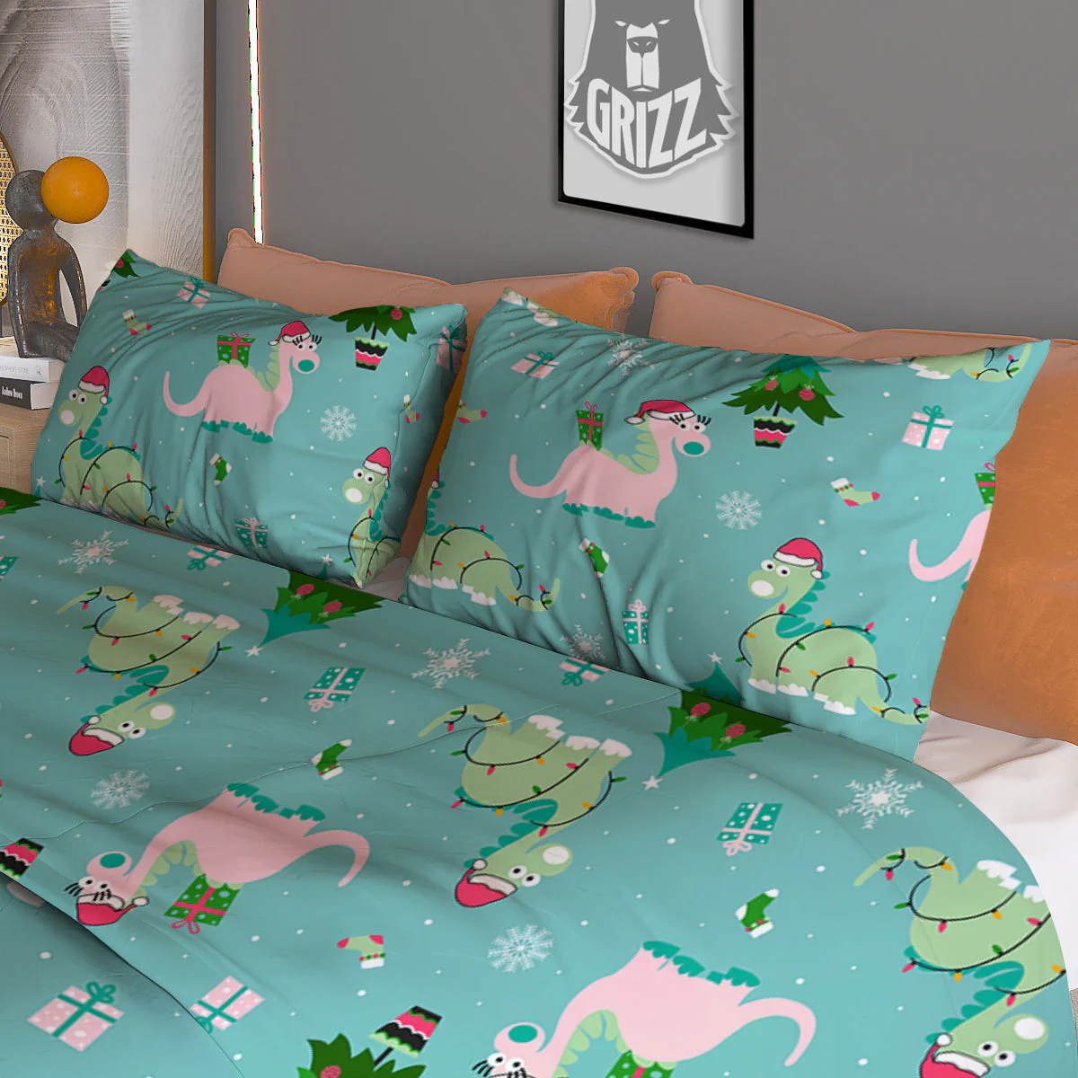 Dinosaur Xmas Print Pattern Duvet Cover Bedding Set - Image 3