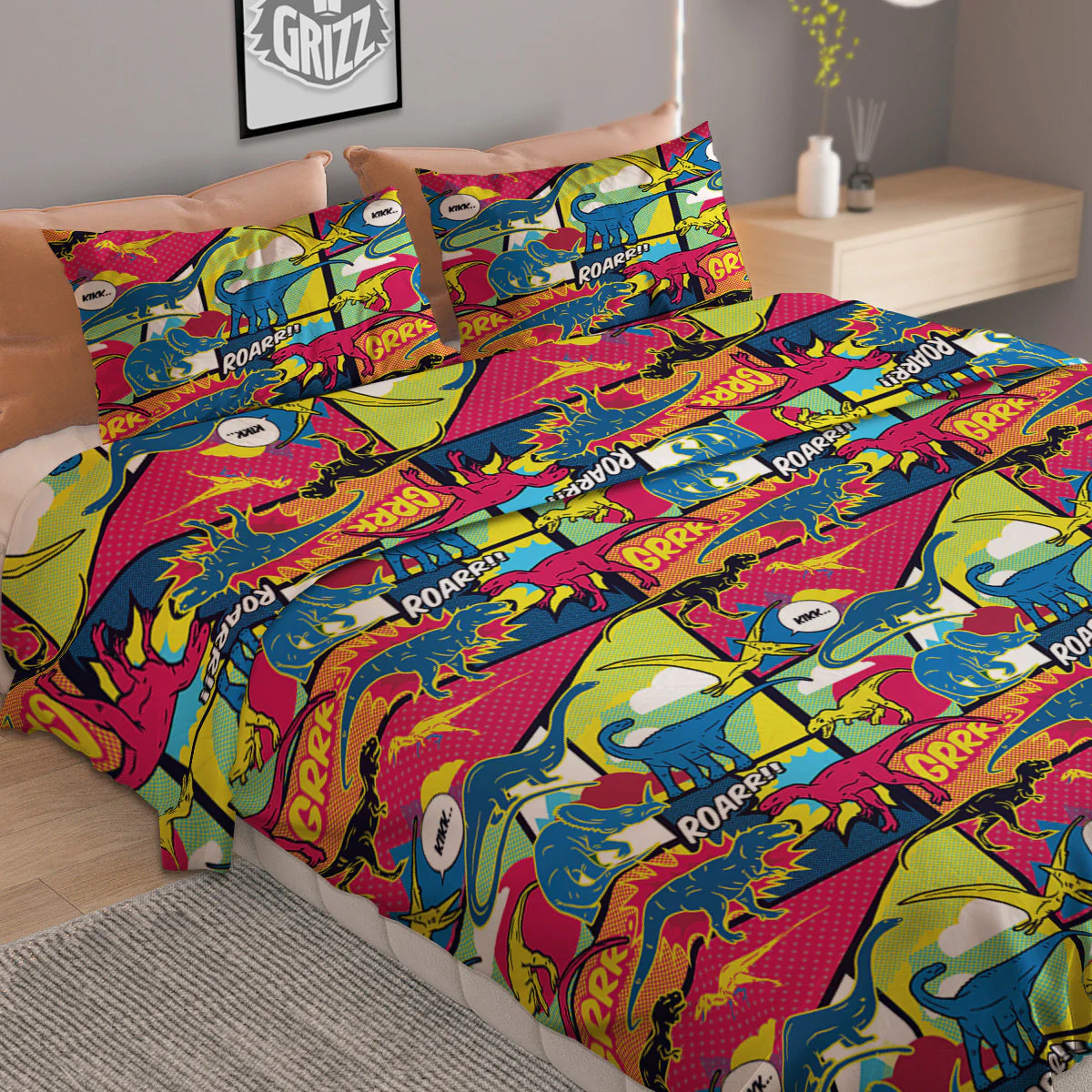 Dinosaurs Comic Print Pattern Duvet Cover Bedding Set - Image 2
