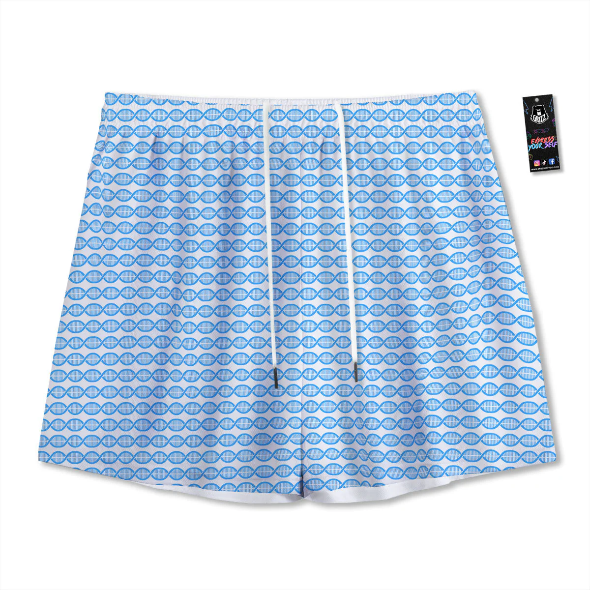 DNA White And Blue Print Pattern Mesh Shorts