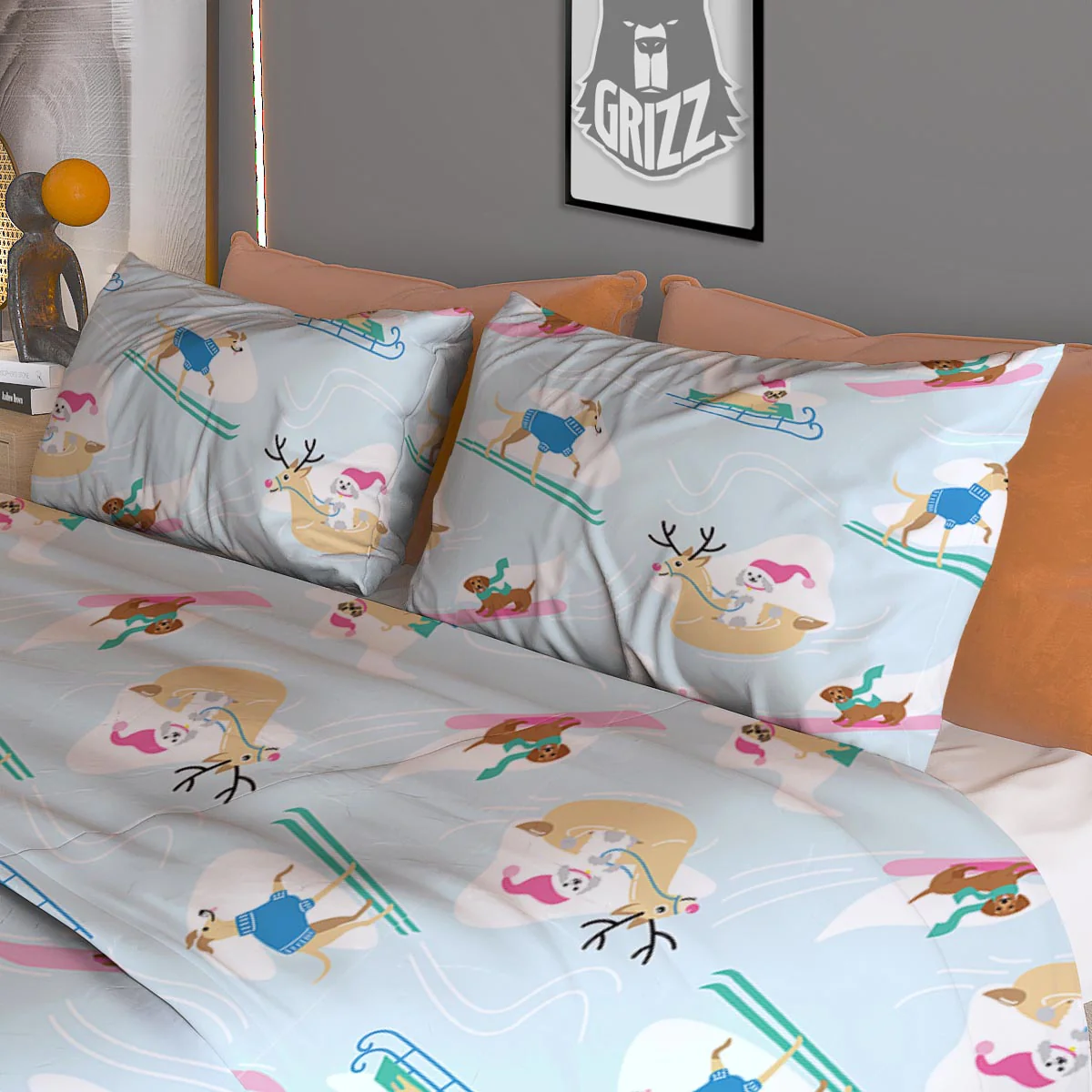 Dog Skiing Print Pattern Duvet Cover Bedding Set - Image 3