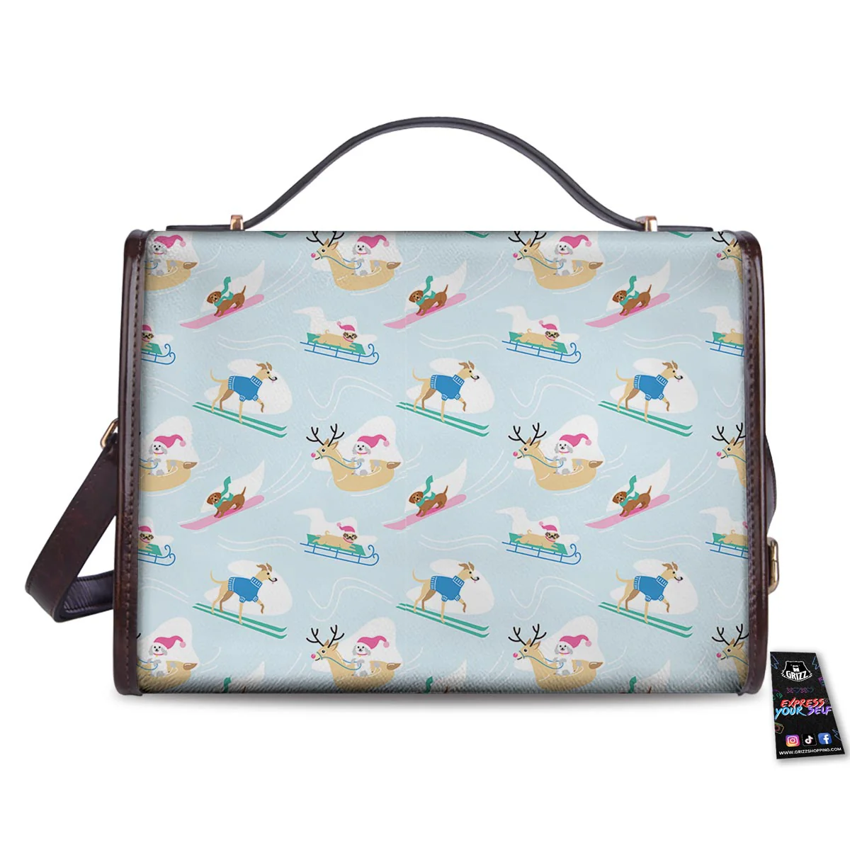 Dog Skiing Print Pattern Women's Satchel Bag - Image 2