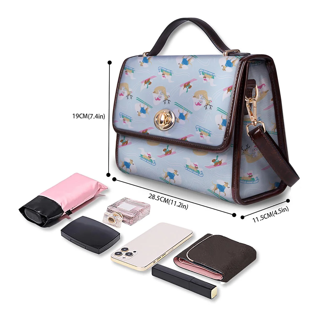 Dog Skiing Print Pattern Women's Satchel Bag - Image 4