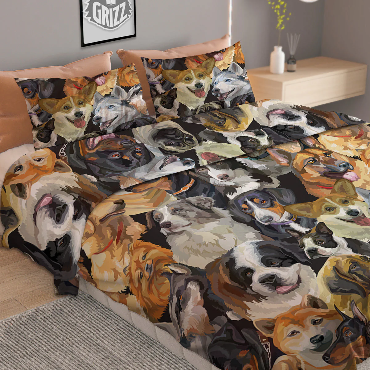 Dogs Breeds Watercolor Print Pattern Duvet Cover Bedding Set - Image 2