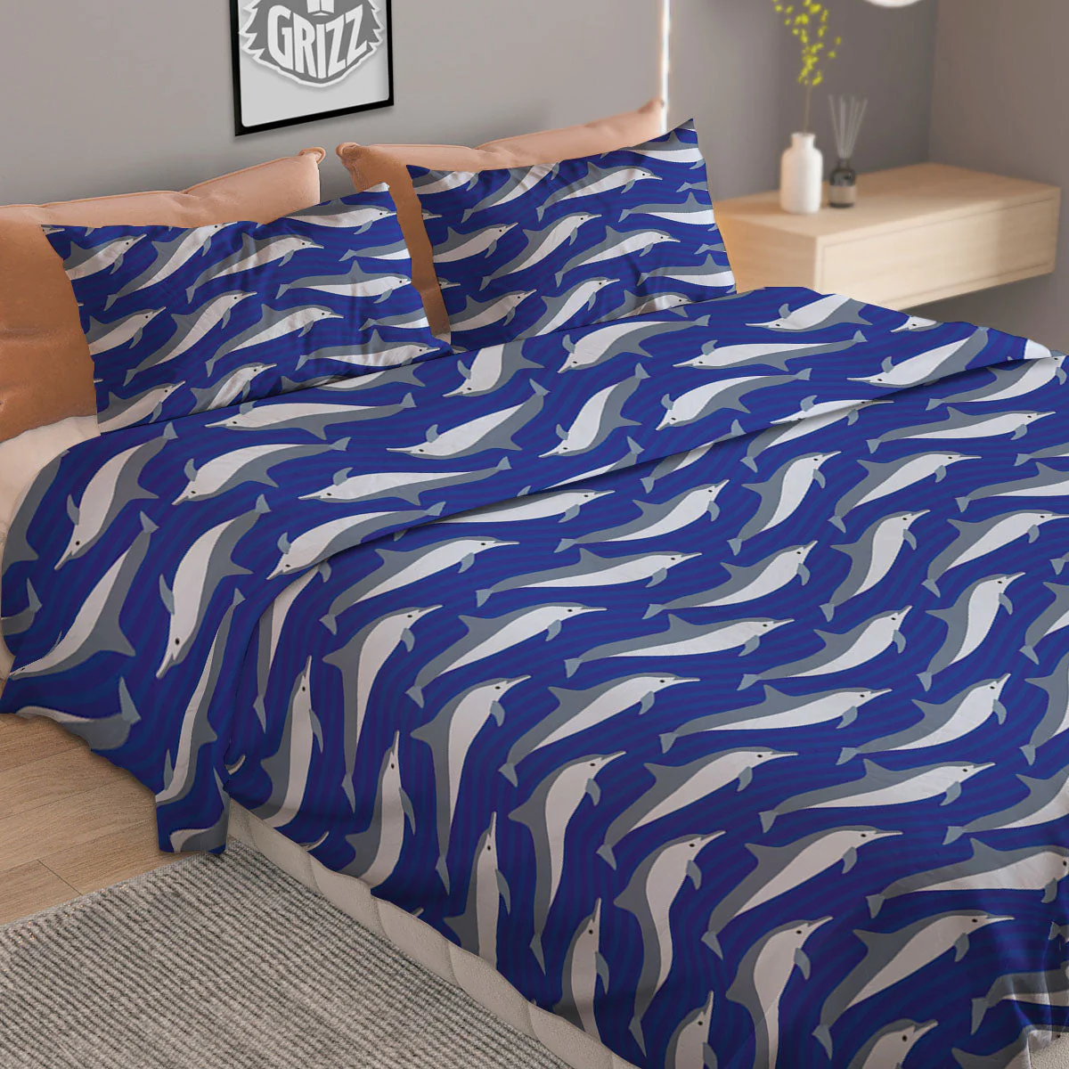 Dolphin And Waves Print Pattern Duvet Cover Bedding Set - Image 2