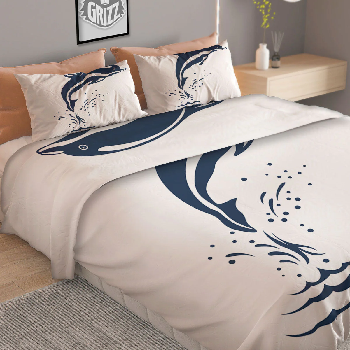 Dolphins Jump On Waves Print Duvet Cover Bedding Set - Image 2