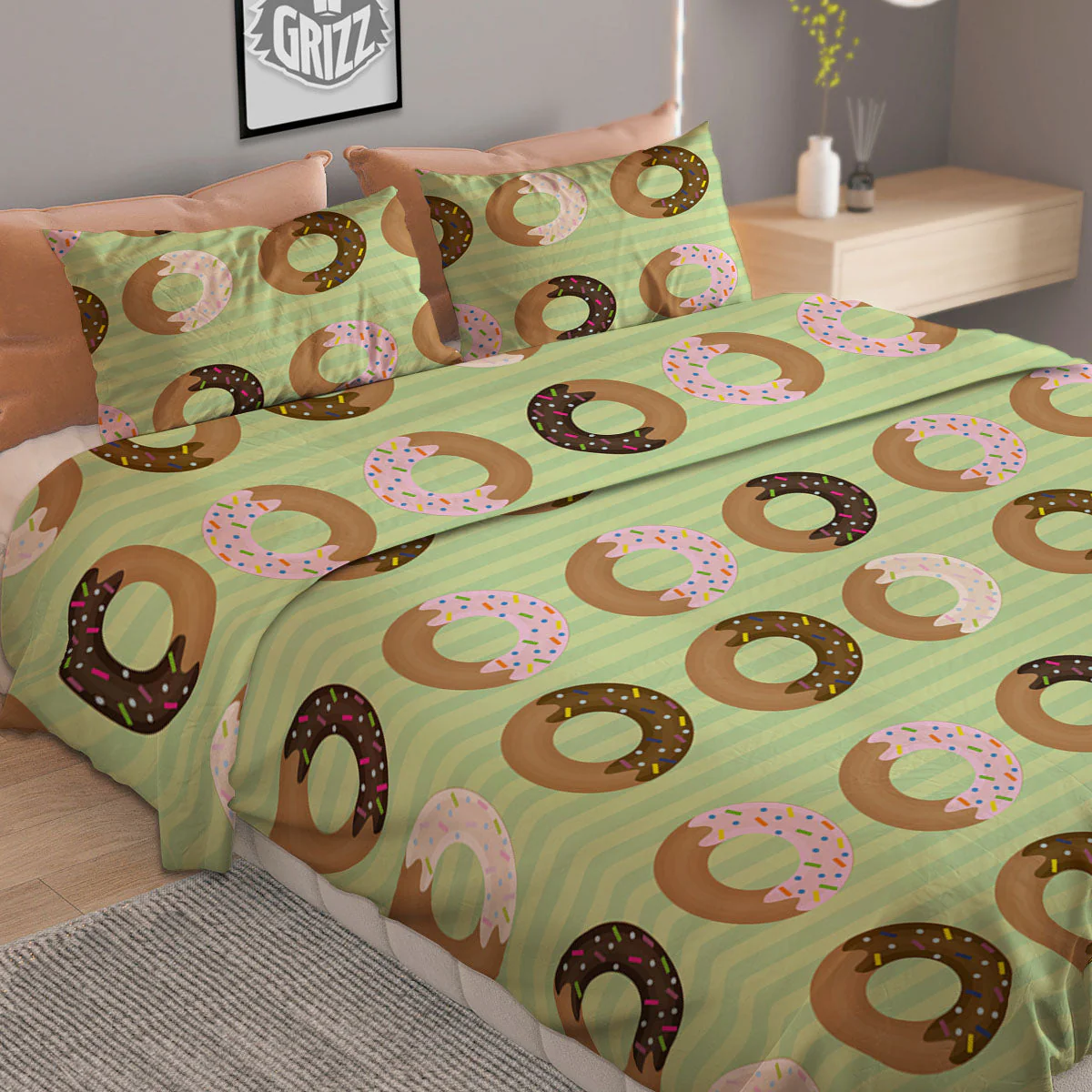 Donut Striped Green Print Pattern Duvet Cover Bedding Set - Image 2
