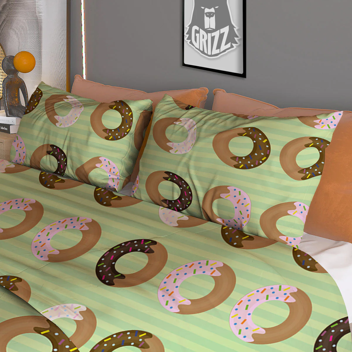 Donut Striped Green Print Pattern Duvet Cover Bedding Set - Image 3