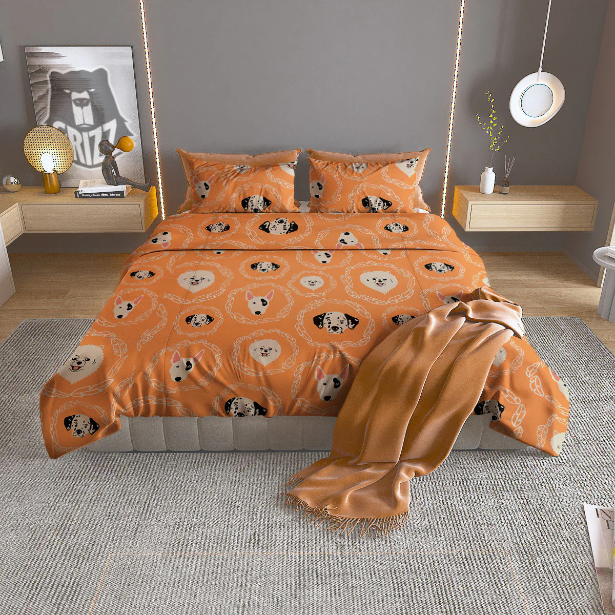 Doodle Dog Orange Print Pattern Duvet Cover Bedding Set
