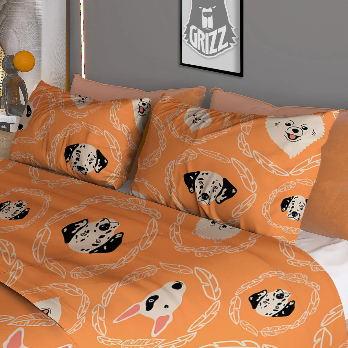 Doodle Dog Orange Print Pattern Duvet Cover Bedding Set - Image 3