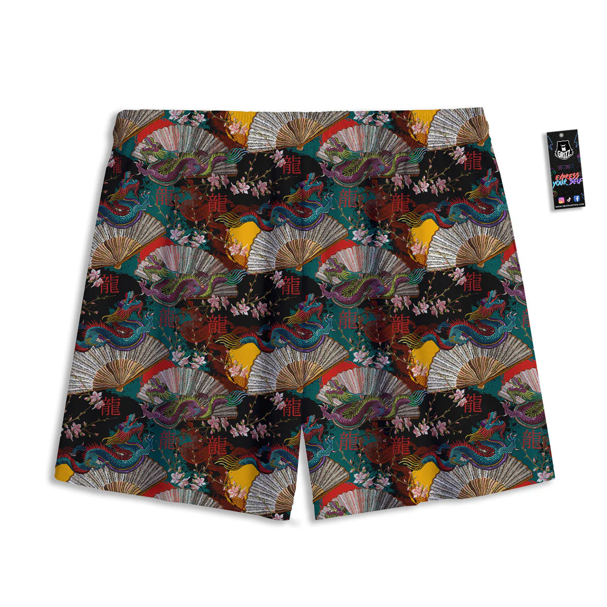 Dragon Embroidery Chinese Print Pattern Mesh Shorts - Image 2