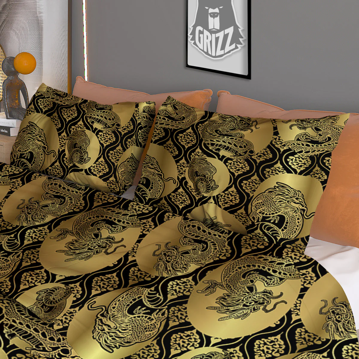 Dragon Gold And Black Print Pattern Duvet Cover Bedding Set - Image 3