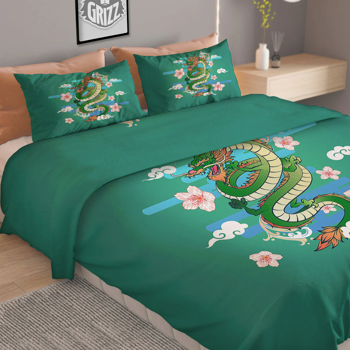 Dragon Tattoo Green Japanese Print Duvet Cover Bedding Set - Image 2
