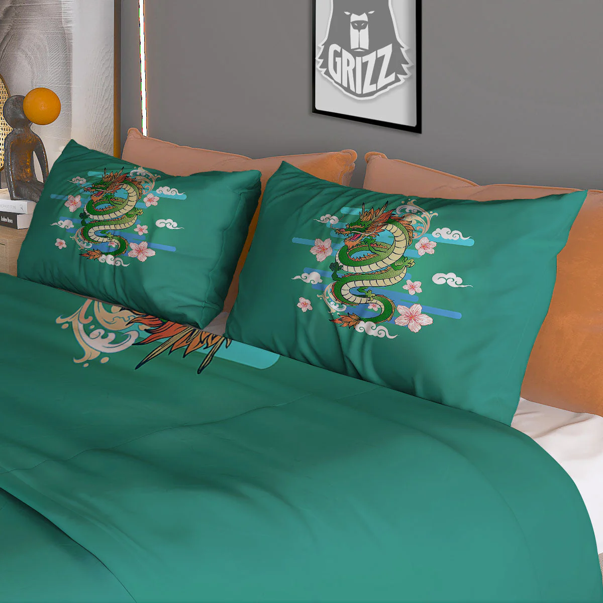Dragon Tattoo Green Japanese Print Duvet Cover Bedding Set - Image 3