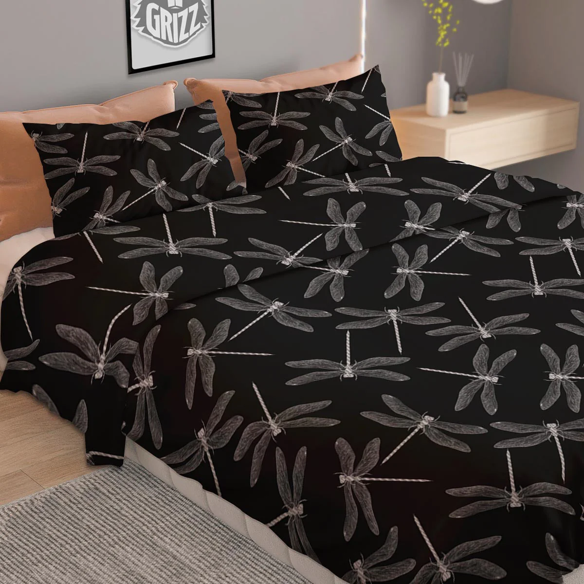 Dragonfly Black Print Pattern Duvet Cover Bedding Set - Image 2