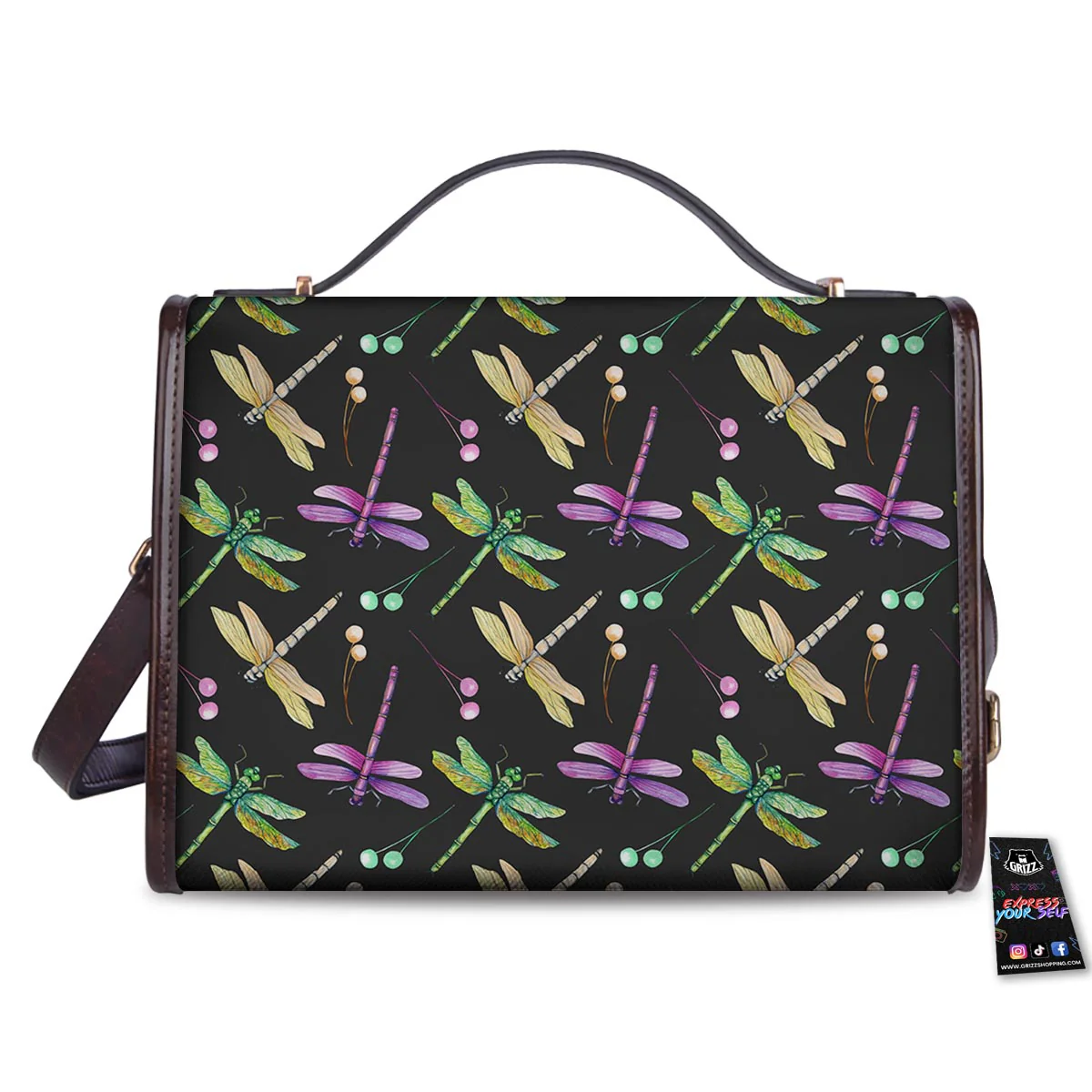 Dragonfly Black Purple And Teal Print Pattern Women's Satchel Bag - Image 2