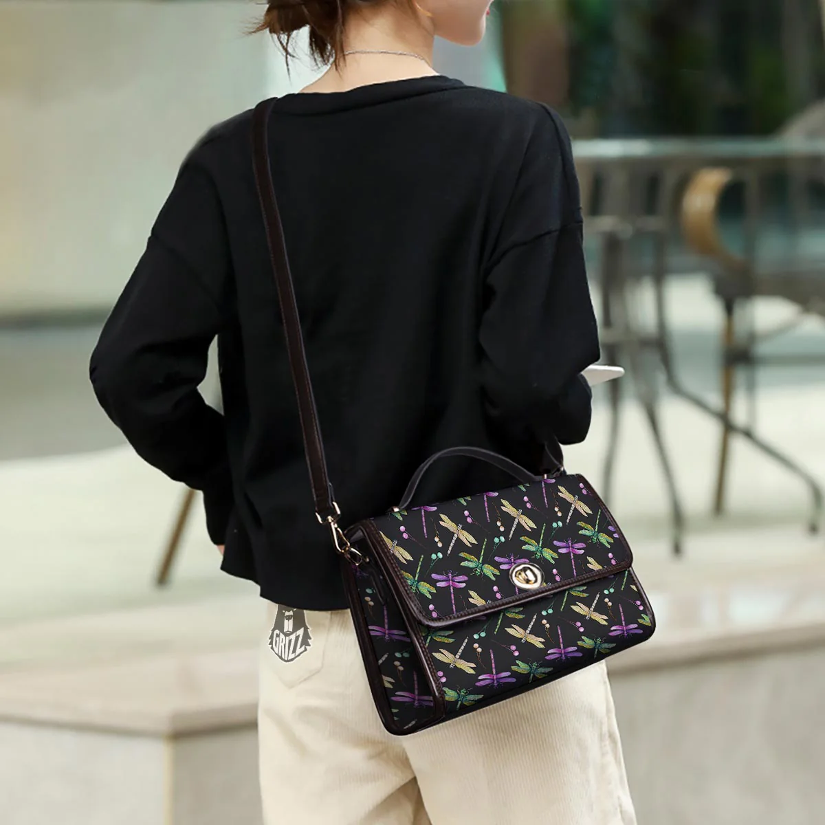 Dragonfly Black Purple And Teal Print Pattern Women's Satchel Bag - Image 3