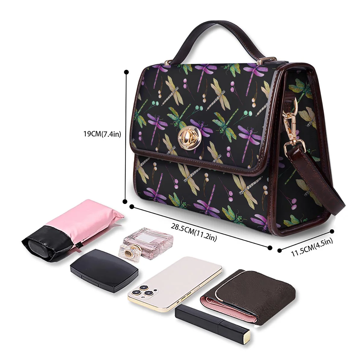 Dragonfly Black Purple And Teal Print Pattern Women's Satchel Bag - Image 4